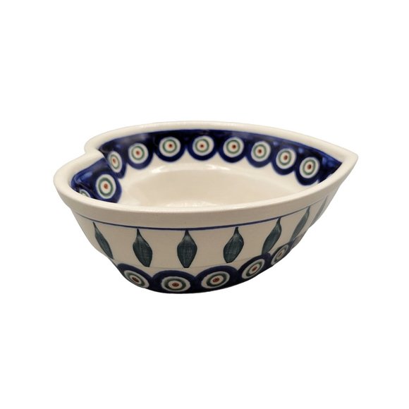 Polish Bolesawiec Pottery Peacock Pattern Heart Shaped Bowl Folk Art Blue - Picture 3 of 7